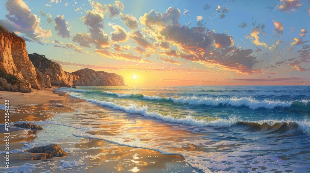 Fototapeta premium Coastal bliss: Gentle waves wash ashore on a sandy beach, framed by rugged cliffs and a picturesque sunset sky.