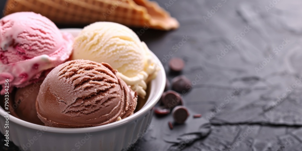 Dreamy Delights: Three Scoops of Ice Cream in a White Bowl Dreamy Delights: Three Scoops of Ice Cream in a White Bowl
