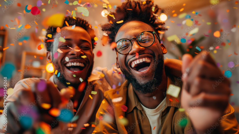 Gay couple celebrating with confetti, perfect for joyful moments, parties, and LGBTQ pride content. Gay couple celebrating with confetti, perfect for joyful moments, parties, and LGBTQ pride content.