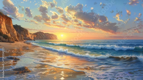 Coastal bliss: Gentle waves wash ashore on a sandy beach, framed by rugged cliffs and a picturesque sunset sky. photo