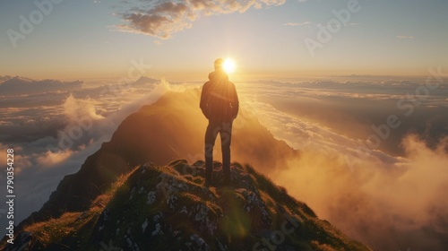 A man standing on top of a mountain with the sun shining down, AI