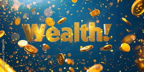 Goldene Geld Münzen und Deko mit Schriftzug Wealth als Hintergrund im Querformat als Banner