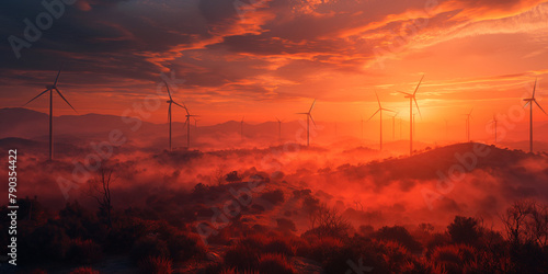 Windkraftanlagen Windrad Turbinen mit schönen Sonnenuntergang, ai generativ