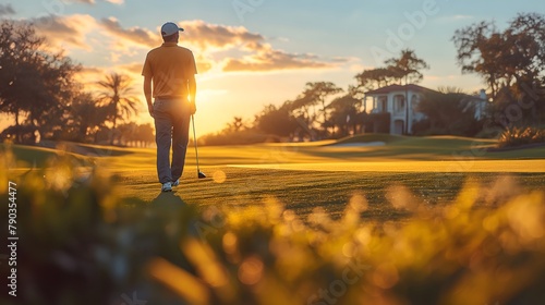 Golfer auf einem luxuriösen Golfplatz. Man sieht es von hinten und er hat gerade geschossen, Konzept Luxussport photo