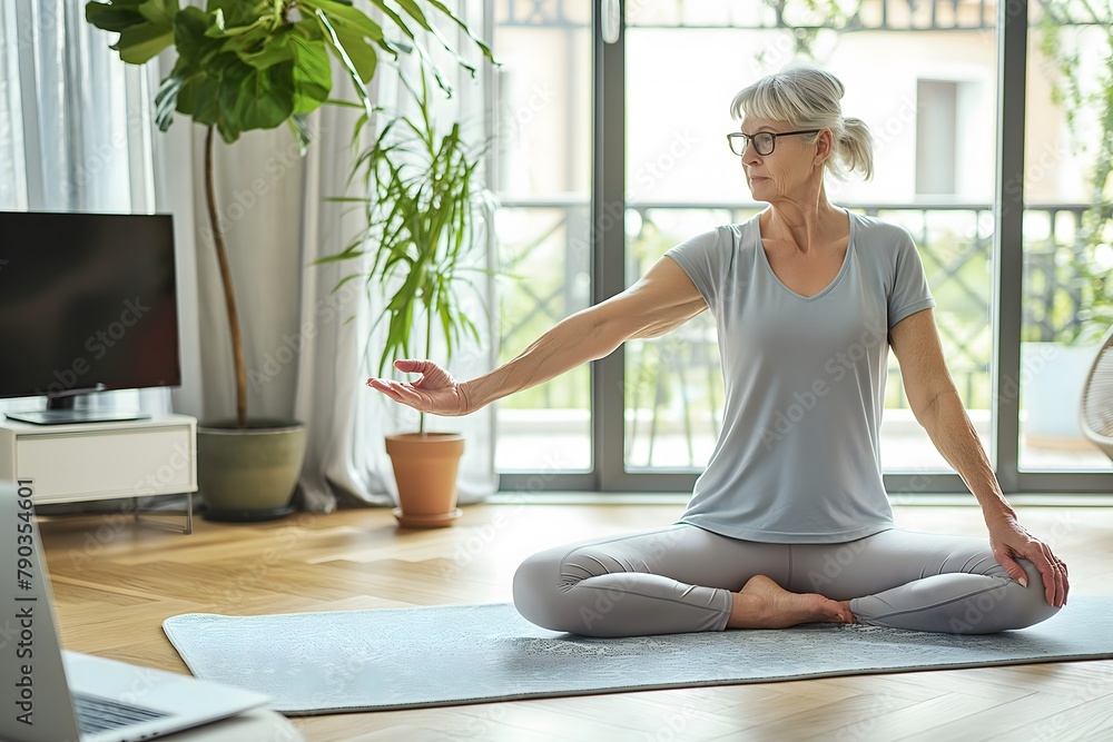 Senior aktive Übung Training Sport Fitness zu Hause Stretching Frau ältere Menschen Pilates Fitnessstudio Yoga Indoor-Laptop Online-Anweisungen gesunde Genesung Senior aktive Übung Training Sport Fitness zu Hause Stretching Frau ältere Menschen Pilates Fitnessstudio Yoga Indoor-Laptop Online-Anweisungen gesunde Genesung