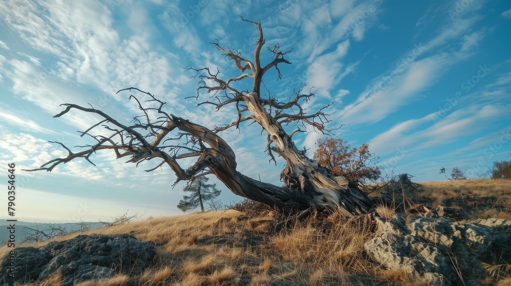 Concept of climate changing. Half dead and alive tree outdoors Concept of climate changing. Half dead and alive tree outdoors