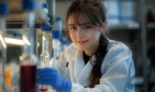 junges Mädchen, Studentin Wissenschaft, Naturwissenschaften, Chemikantin, arbeitet im Labor, Konzept Ausbildung und Studium