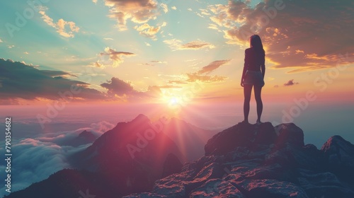A woman standing on top of a mountain looking at the sunset, AI © starush