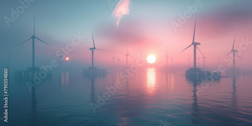 Windkraftanlagen Windrad Turbinen mit schönen Sonnenuntergang, ai generativ photo