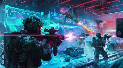A group of soldiers are in a futuristic setting, with one of them holding a gun © Oulailux
