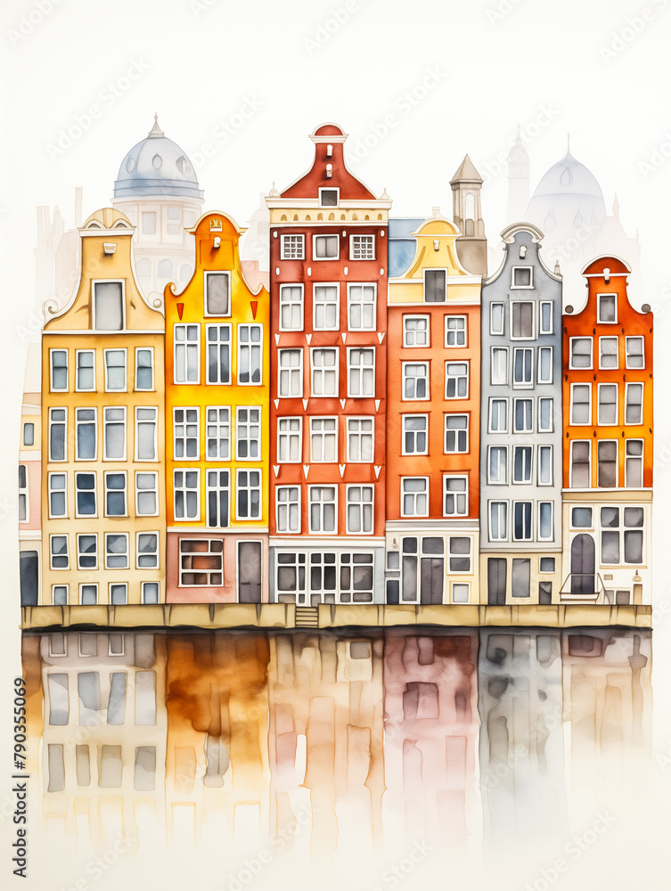 Minimal watercolour of Amsterdam, facades front view, tranquil surfaces