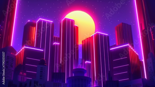 A city skyline with neon lights and a bright orange sun  AI