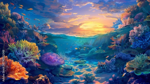 Coral reef twilight: The warm glow of sunset bathes a vibrant coral reef in golden light, casting long shadows across the ocean floor. © Plaifah