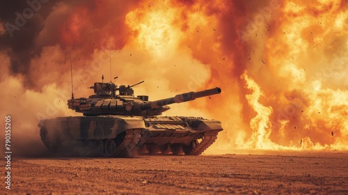 A tank is driving through a desert with a firestorm in the background