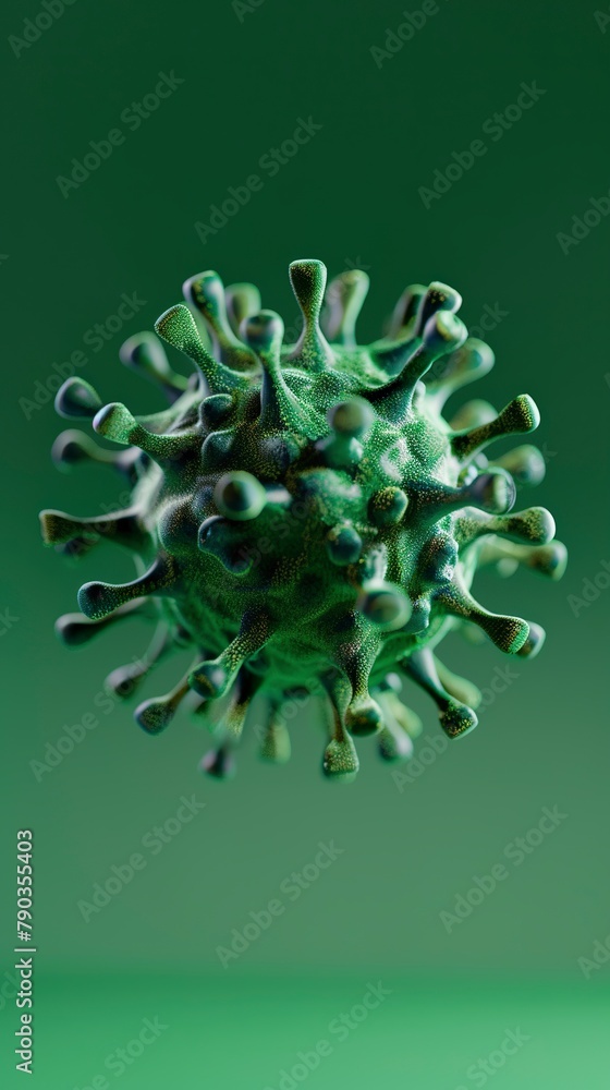 Abstract scene of the covid-19 virus floating on a green background in an impactful and symbolic image. Iconic spherical structure with spike projections with details on a green background. Abstract scene of the covid-19 virus floating on a green background in an impactful and symbolic image. Iconic spherical structure with spike projections with details on a green background.