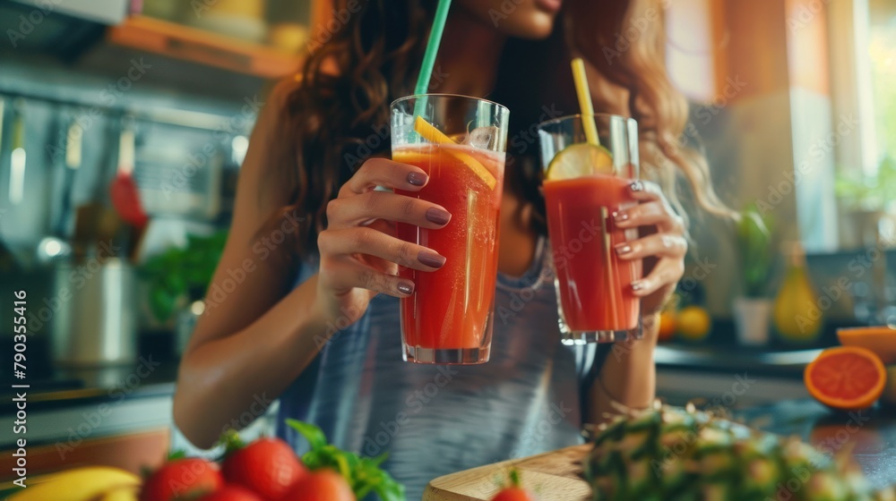 A woman holds two glasses of multifruit juice in the kitchen. A woman holds two glasses of multifruit juice in the kitchen.