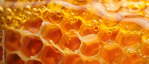 Nahaufnahme Honigwarben, goldener Honig fließt über Honigwarben, Nektar aus Blütenstaub