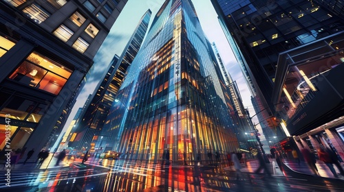 A sleek, futuristic skyscraper towering above the bustling streets below, its glass facade reflecting the lights of the city in a dazzling display of color and motion. 