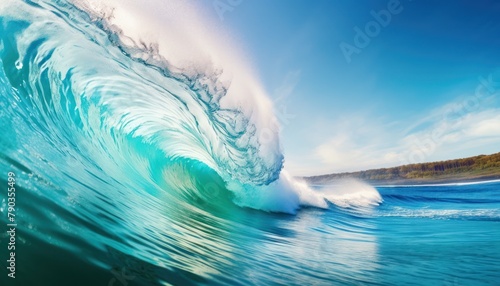 View of inner barrel wave with foam waves in vibrant midday. Ocean water under midday background.