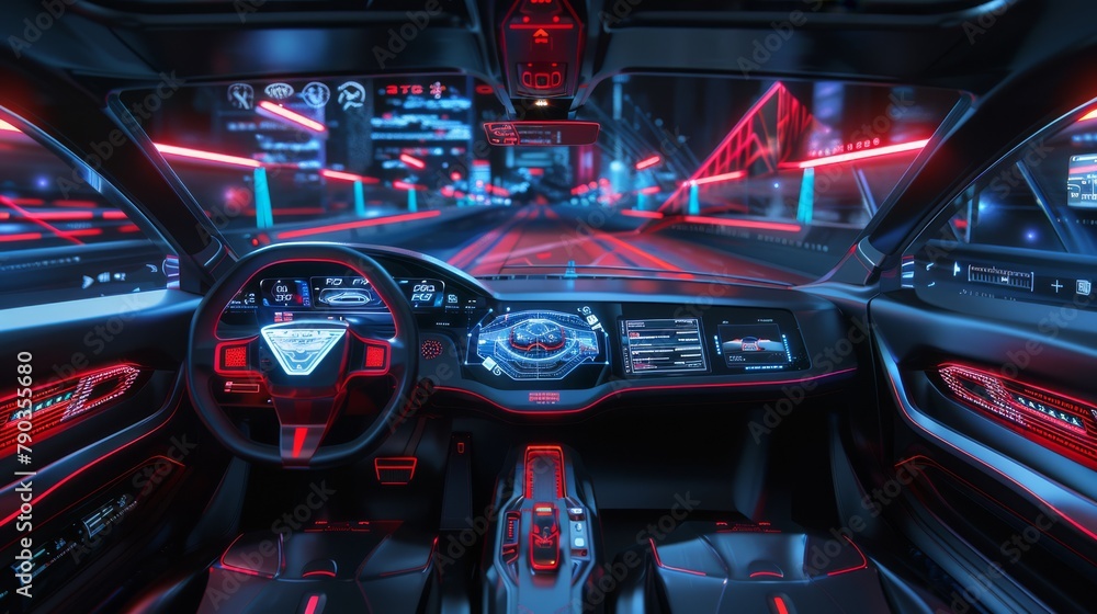 A futuristic car with a dashboard that is lit up in red
