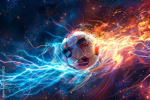 Soccer ball with fiery and electric effects on cosmic background