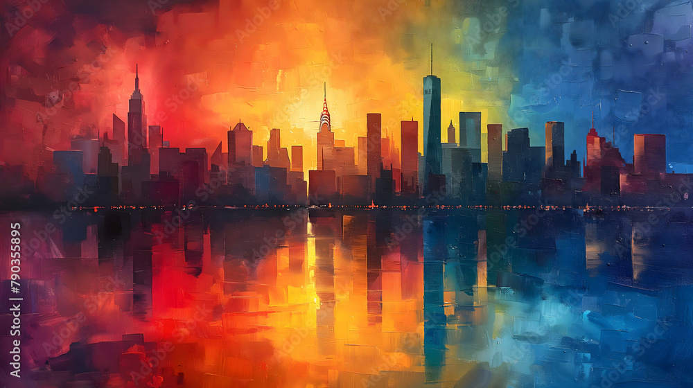 Minimalistische Skyline mit Wasserreflexion, kubistisch aus dickem Acryl, bunt, Konzept farbenfrohe Skyline Minimalistische Skyline mit Wasserreflexion, kubistisch aus dickem Acryl, bunt, Konzept farbenfrohe Skyline