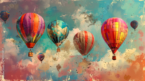 A whimsical hot air balloon texture sky abstract art from a playful original painting for abstract background in rainbow color detailed Balloon festival. 