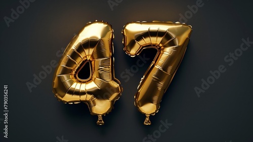Golden foil balloon number 47 text on dark background. Dark birthday decoration