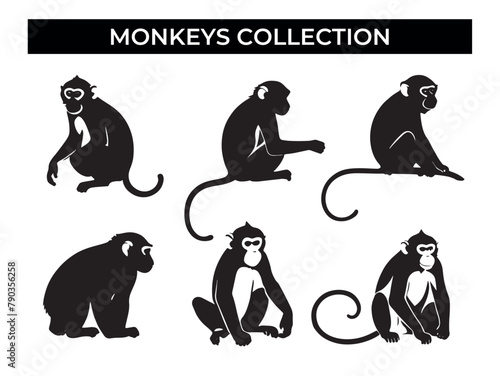 Set of Monkeys Silhouettes on White Background