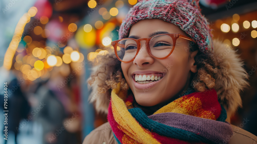 Joyful woman in winter attire enjoying city lights. Ideal for holiday, happiness, and winter season themes in advertising and social media.