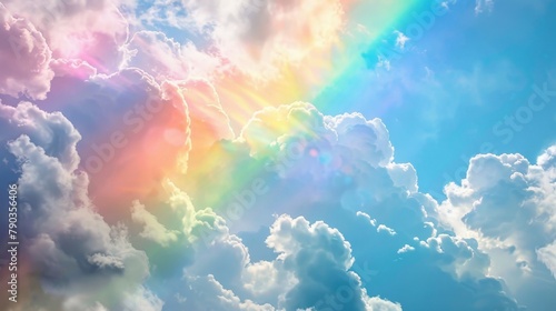 A plane flies through a colorful rainbow in the cloudy sky