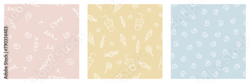 Set of funny doodle kids seamless patterns. Summer holidays, sweets. Hand drawn white outline illustration. Abstract scribble elements childish background