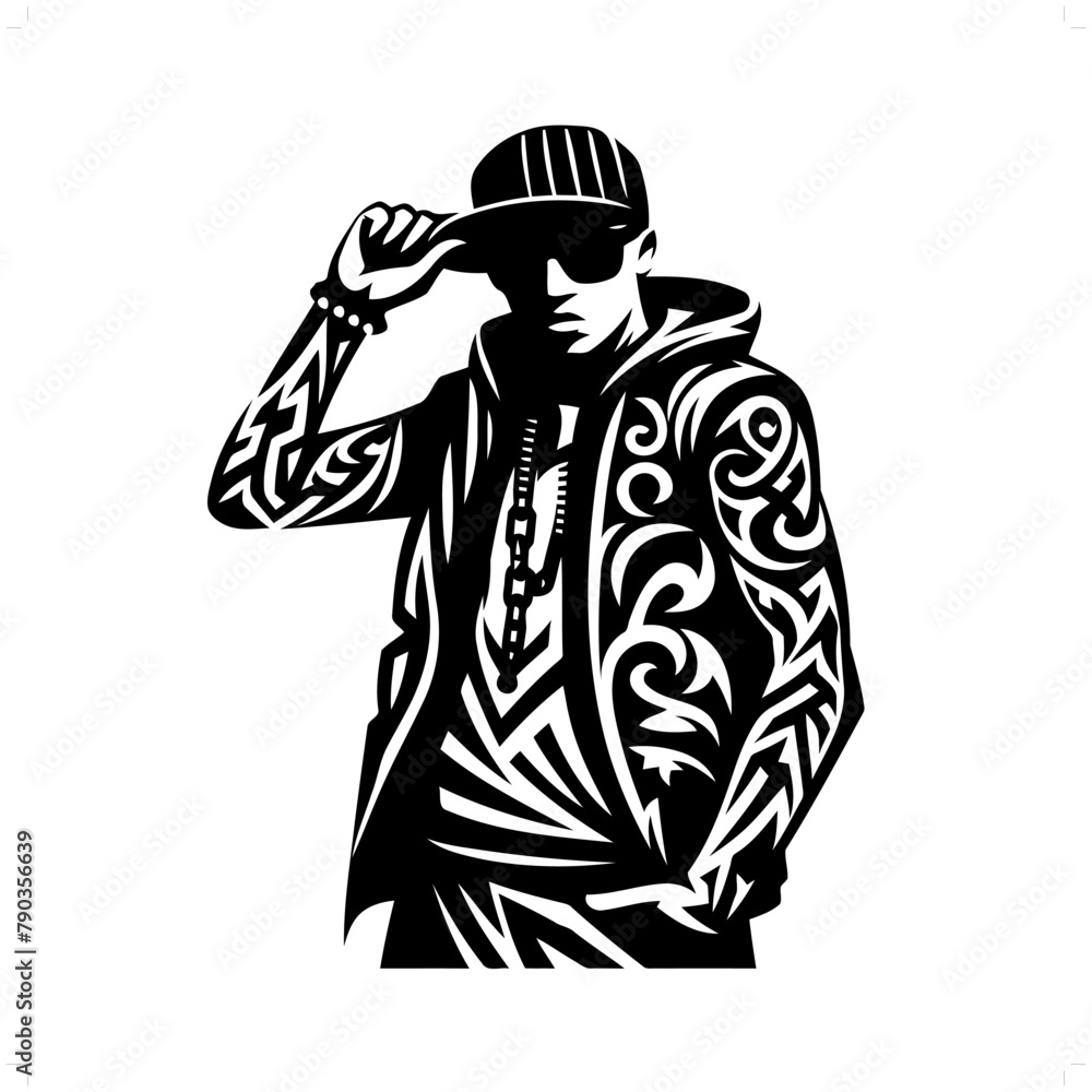 rap; hiphop in modern tribal tattoo, abstract line art of people, minimalist contour. Vector