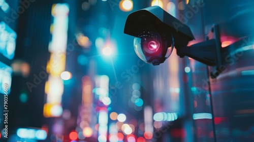 A camera is mounted on a pole in a city