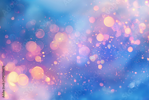 Abstract bokeh background. Blue, pastel purple, gold yellow, pale pink colors. Holiday theme. 