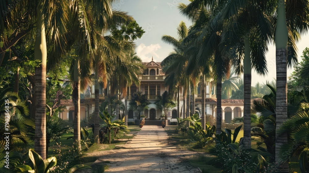 A sprawling plantation house framed by rows of towering palm trees, its whitewashed walls gleaming in the tropical sun. 