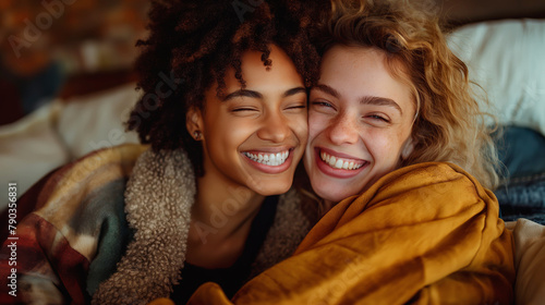 Two women wrapped in a blanket, their joyous faces suggesting a close and happy relationship, perfect for themes of friendship and comfort.
