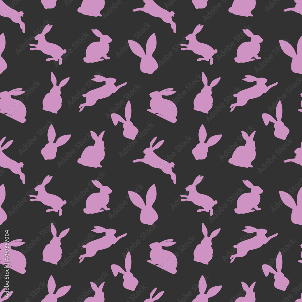 Easter seamless pattern of pink rabbit silhouettes in different actions. Festive Easter bunnies design. Isolated on black background. For Easter decoration, wrapping paper, greeting, textile, print Easter seamless pattern of pink rabbit silhouettes in different actions. Festive Easter bunnies design. Isolated on black background. For Easter decoration, wrapping paper, greeting, textile, print