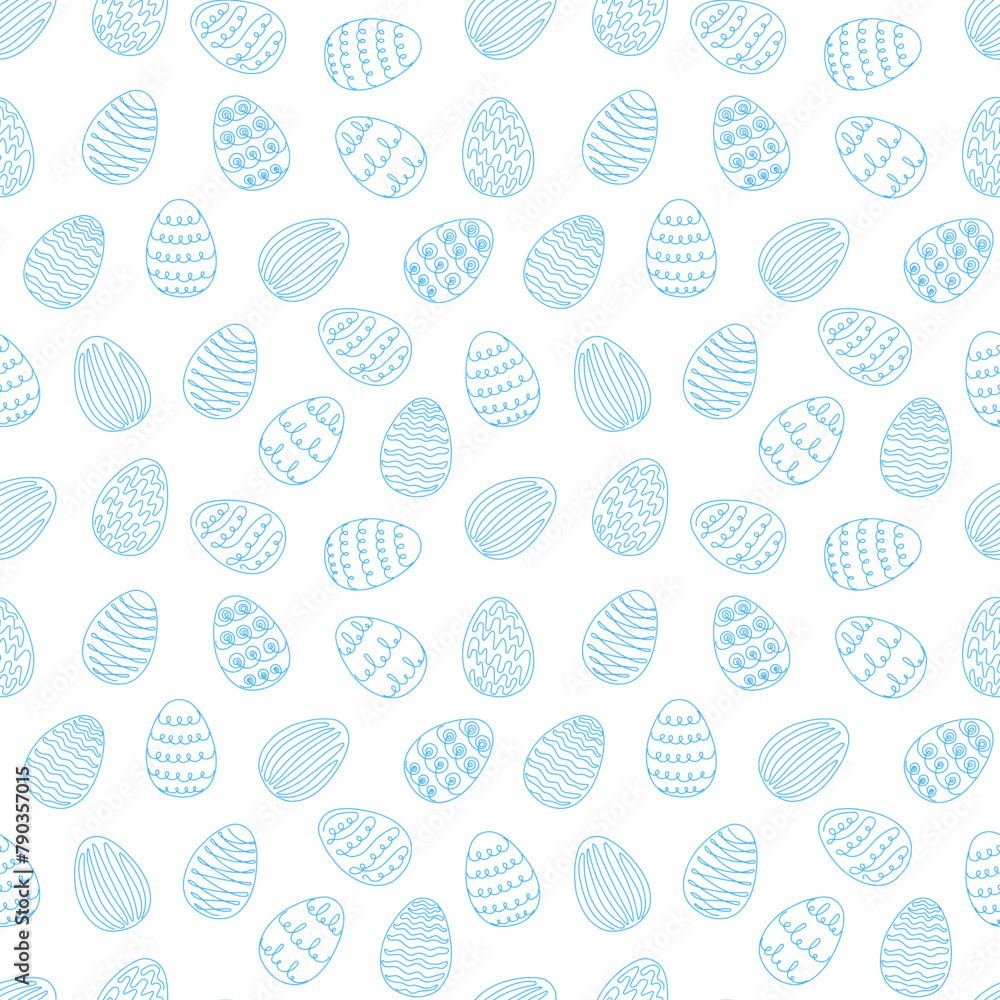 Seamless pattern of blue Easter eggs with hand-drawn details. Continuous one line drawing. Isolated on white background. Festive design. For Easter decoration, wrapping paper, greeting, textile, print Seamless pattern of blue Easter eggs with hand-drawn details. Continuous one line drawing. Isolated on white background. Festive design. For Easter decoration, wrapping paper, greeting, textile, print
