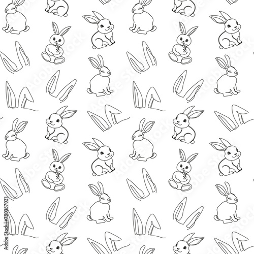 Seamless pattern of hand-drawn rabbits and ears. Festive Easter bunnies design. Continuous one line drawing. Isolated on white backdrop. For Easter decoration  wrapping paper  greeting  textile  print