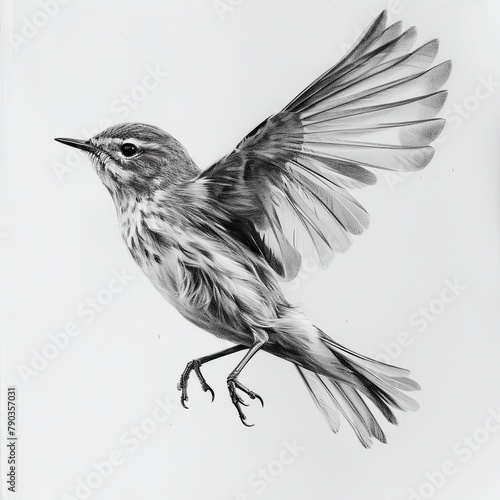 Black and White Pencil Sketch of a Willow Warbler Bird on a White Background photo