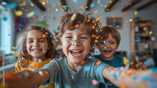 Children's party with three kids laughing and playing with confetti. Ideal for themes of childhood joy, friendship, and celebrations.