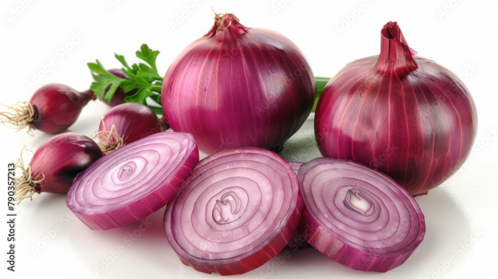 Fresh red whole onion with slices of spice vegetable on white background. AI generated image