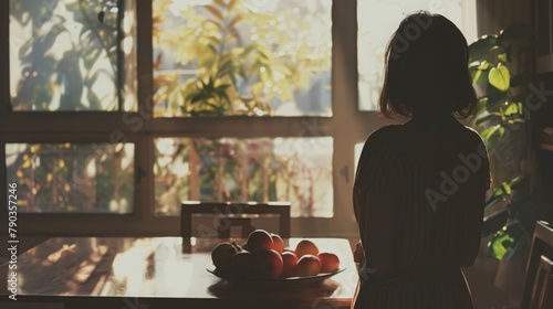 girl standing with her back near a table with a plate of fruit in a modern interior.