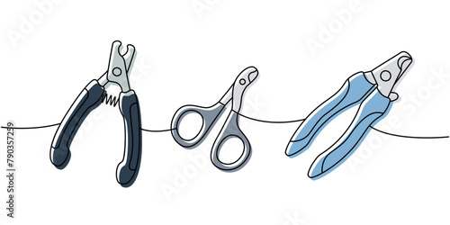 Pet supplies set. Scissors for pets grooming, pet nail clippers continuous one line illustration. Vector linear illustration.