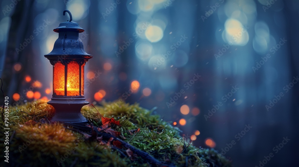 A small lantern lit up on a moss covered hillside, AI A small lantern lit up on a moss covered hillside, AI