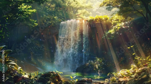 Majestic waterfall: Sunlight filters through lush foliage as a cascading waterfall glistens in a serene natural landscape.
