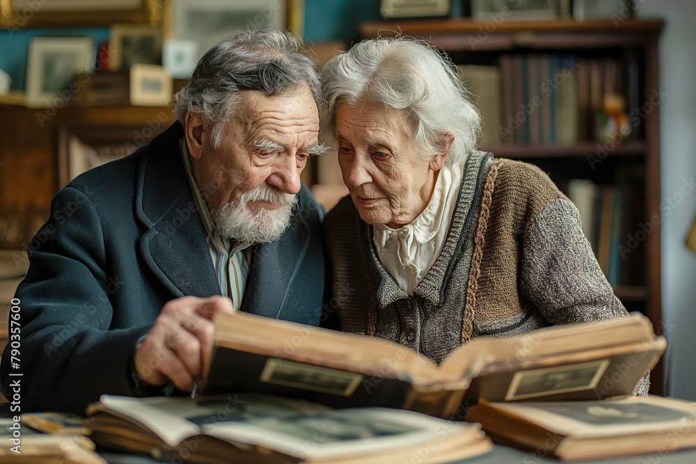Elderly couple reminiscing over old photo albums, evoking nostalgia and ...