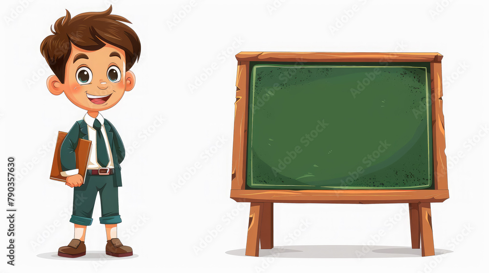 a little schoolboy boy in a school uniform stands near a green chalk board on a white background, illustration, education, study, student, knowledge, kid, child, children, blank, place for text