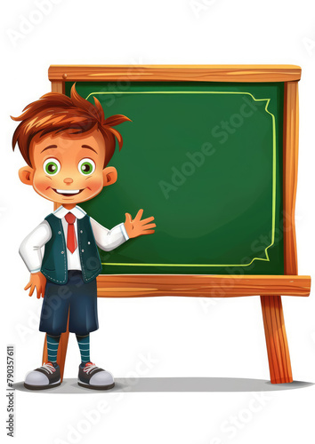 a little schoolboy boy in a school uniform stands near a green chalk board on a white background, illustration, education, study, student, knowledge, kid, child, children, blank, place for text